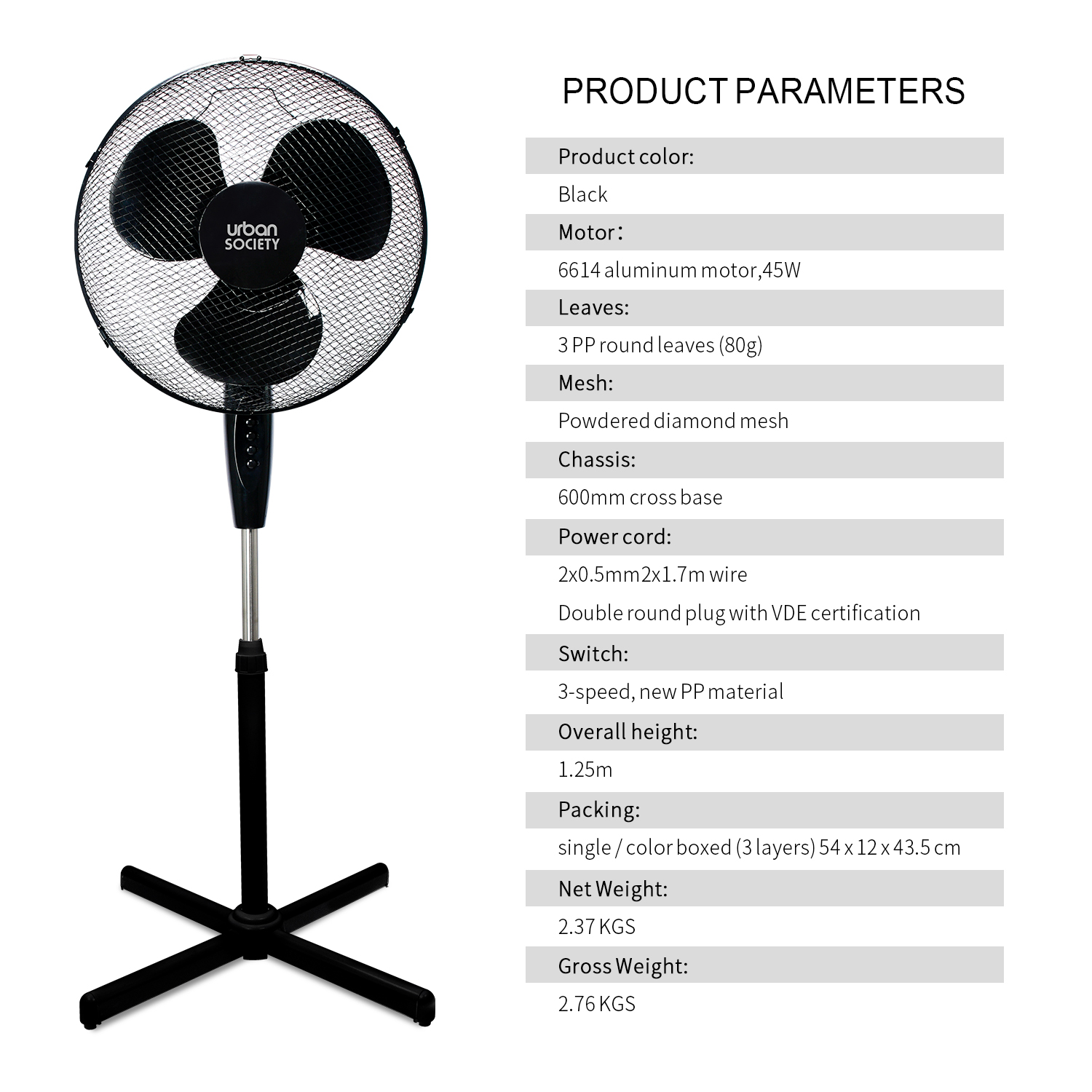 URBAN VENTILADOR DE PIE 45W NEGRO BASE CRUZ 555202