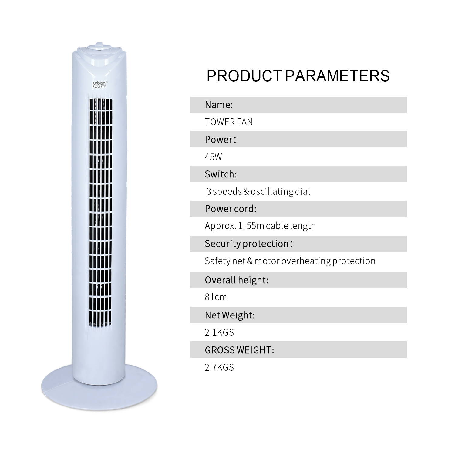 URBAN VENTILADOR COLUMNA 45W BLANCO 555271